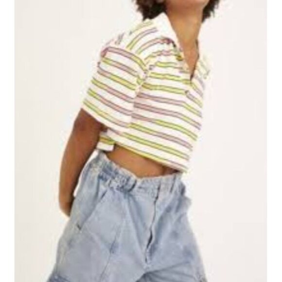 Urban Outfitters Cropped‎ Polo Shirt Striped Pink Yellow White Size Small NWT - Picture 2 of 8